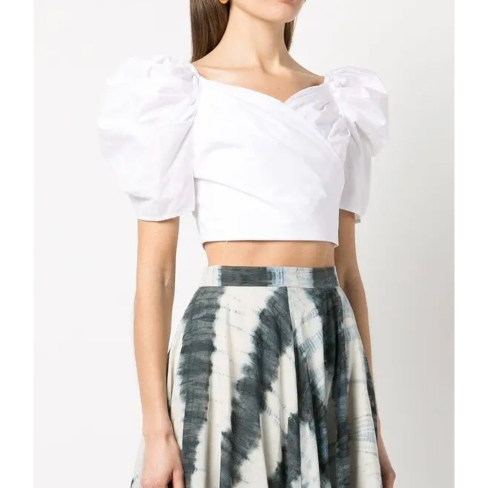 Cara Cara Sara Wrap Style Puff Sleeve Crop Top White Poplin Cotton Size M